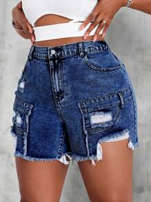 SHEIN Essnce Short en jean délavé et déchiré d'été casual grande taille - Jean brut - Voir 4
