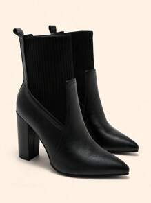 CUCCOO BASICS Women's Pointed Toe Chunky Heel Black Boots, Fashion Elegant Commute All-Match Versatile Knit Mid-Calf Short Booties For Christmas - Black - View 6