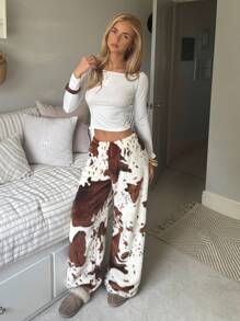 Comfortcana Plus Size Nomadic Brown Cow Print Fleece Pants