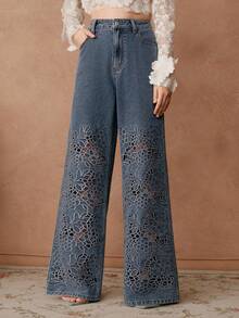 Anewsta Savoree Women's High Waist Embroidered Hollow Out Loose Wide Leg Straight Jeans Pants, Winter