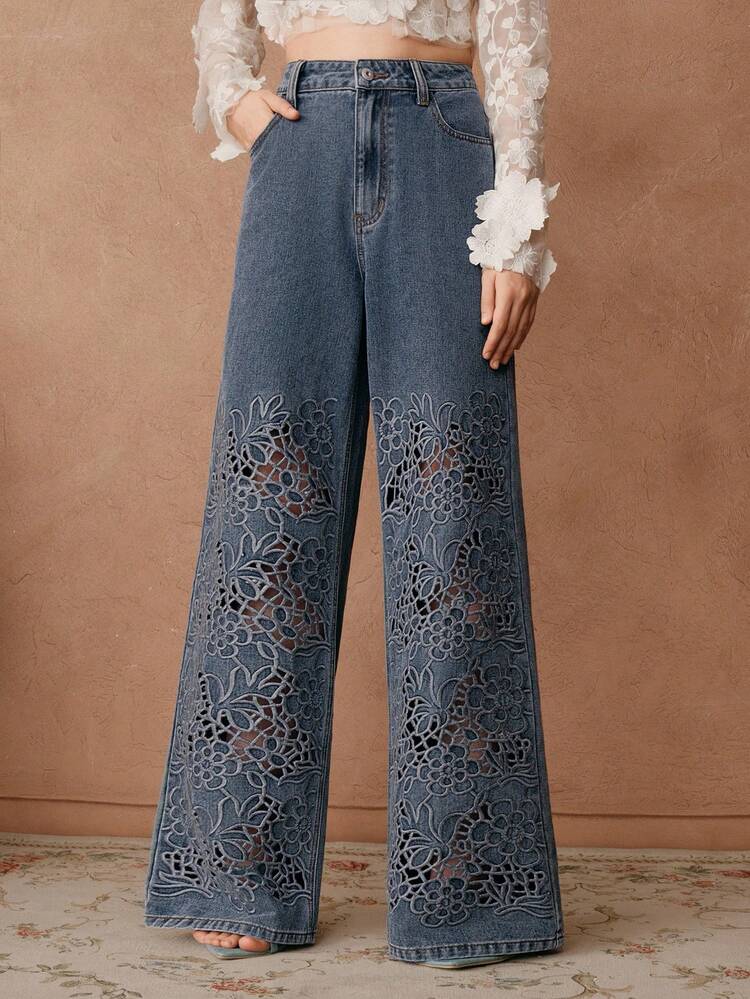 Women's Elegant Embroidered Hollow-Out Loose Straight-Leg Blue Denim Wide-Leg Pants, Spring/Summer