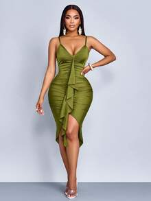 SOLERSUN 优雅女士前褶修身连衣裙，荷叶边装饰，中长连衣裙， - 綠色 - 查看 3