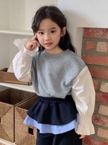 DAZY 女童撞色韩版休闲花瓣袖圆领卫衣，春秋季 - 灰色 - 查看 6