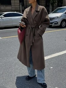 DAZY Women's Solid Color Drop Shoulder Long Sleeve Double-Breasted Casual Overcoat - Dark Grey - View 2