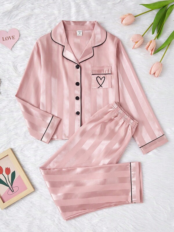 2pcs/Set Casual Satin Fabric Heart Embroidered Long Pants And Long Sleeve Top Loungewear For Teenage Girls