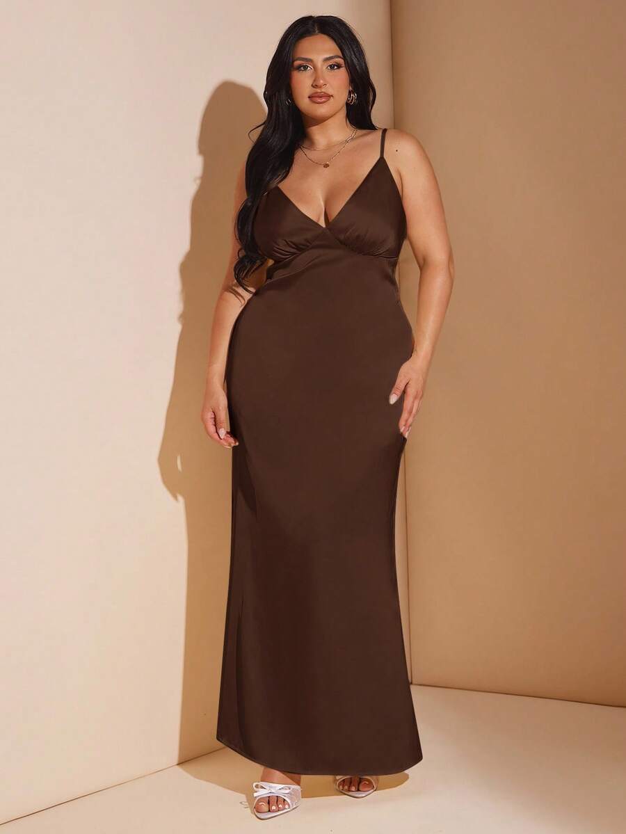 SHEIN BAE Plus Size Women's Sleeveless V-Neck Backless Maxi Satin Dress, Yellow, Suitable For Vacation, Music Festivals, Birthday, Brunch, Wedding Guest, Elegant Dress Party Dresses For Women,Fall Women Clothes,School Clothes,Y2k Clothes,Country Outfits Women,Vintage Clothes Women,Festival Outfits Women,Wedding Guest Dress Curve/,Valentine's Day,Valentine Outfits For Women