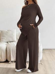 SHEIN 2 piezas Conjunto de top asimétrico y pantalones casuales de maternidad