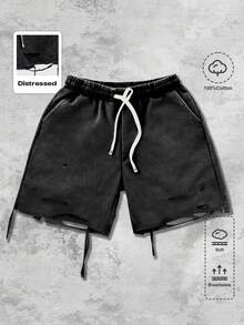 ROMWE MEN Street Life Men's Distressed Drawstring Waist Pocket Loose Shorts - Black - View 5