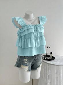 Franclia Summer Textured Cap Sleeve Layered Ruffle Hem Casual Vacation Tank Top - Blue - View 3