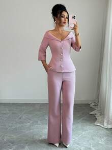 Elenzga Ținută elegantă de petrecere pentru femei, cu guler roz, din două piese, toamnă - Roz - Vizualizare 3