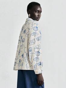 Lumivelle Women's Elegant Casual Shell Embroidered Open Front Loose Blouse Fall Cloth For Women - Apricot - View 2