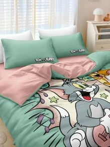 Tom and Jerry Artist x SHEIN Aranza Sanchez Lindo conjunto de ropa de cama impreso de gatos y ratones en caricatura, cómodo