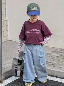 SHEIN 小男孩休闲蓝色牛仔宽松工装裤 - 中等水洗藍 - 查看 3