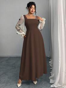 Modelyn Plus Size Women's Patchwork Sheer Ruffle Sleeve Bow Decor Square Neck Waist Cinched Dress, Spring/Summer/Autumn Fall Cloth For Women - Brown - View 4