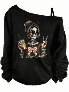 EMERY ROSE 万圣节休闲简约骷髅女孩图案印花大码女式不对称肩部吊带背心 T 恤，春秋季，长袖 T 恤，开学季，万圣节服装，户外服装，秋季女式骷髅图案运动衫万圣节运动衫女式运动衫 - 黑色 - 查看 3