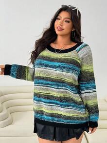 Solflare Plus Size Women Casual/Work Raglan Sleeve Colorblock Striped Pattern Pullover Sweater, Autumn/Winter Fall - Multicolor - View 5