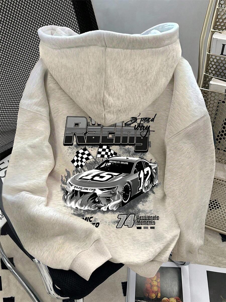 SHEIN Áo hoodie trễ vai in hình xe hơi thường ngày dành cho nữ, Thu/Đông - Màu Xám nhạt - Xem 1