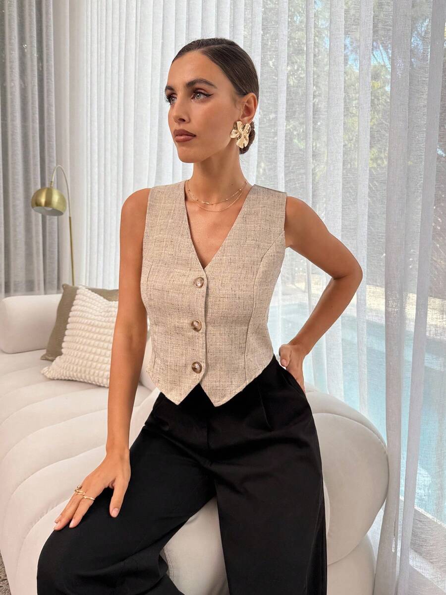 Lavishia 女士夏季休闲商务背心和衬衫 - 杏色 - 查看 1