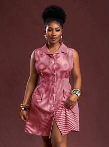 Veslaya 春夏新款女士大码优雅通勤休闲办公条纹梭织面料无袖收腰衬衫裙 - 紅色 - 查看 5