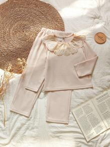 SHEIN Conjunto de Top Casual Chique de Manga Longa com Gola Floral de Outono e Calça Versátil e Simples para Menina - Damasco - Visão 3
