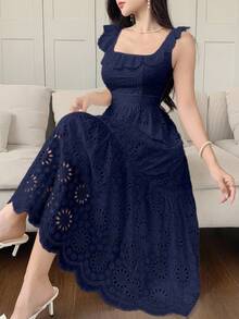 DAZY French Lace Embroidery White Waist Cinched Dress, Vacation Fairy Style