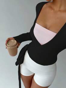 FavEase Pink Yoga Fitness Sports Stretchy Soft Open Front Tie-Up V-Neck Wrap Long Sleeve Cropped Tight Tee, Fashionable Minimalist Casual Elegant Wardrobe Essential Design For Women, Spring/Autumn Fall Cloth For Women - Black - View 6