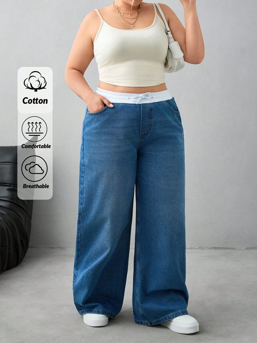 SHEIN Cottnline Plus Size 100% Bawełna Kobiety Spódnica Młody i Wysoki Stan Szerokie Nogawki Baggy Jeans - Ciemny jeans - Zobacz 1