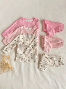 SHEIN 6pcs/Set Baby Girls Round Neck Long Sleeve Ribbed Ditsy Floral T-Shirt With Elastic Waist Pants, Comfortable, Fashionable, Versatile, Korean Style Casual Outfit, Suitable For Layering Or Outerwear, New Autumn Collection Fall Winter