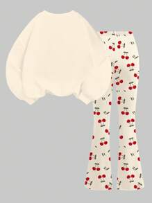 SHEIN Leap Crew Tween 女童复古可爱樱桃印花宽松圆领运动衫和喇叭裤两件套休闲套装