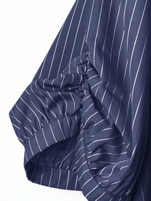 SHEIN LUNE 夏季大码优雅条纹泡泡袖衬衫 - 藏蓝色 - 查看 6