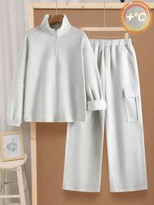 SHEIN Teen Boys' Gray Minimalist Casual Autumn Set,Stand Collar Sweatshirt And Utility Pants,Everyday Wear 2pc Comfortable Fashionable Collegiate Style - Grey - View 5