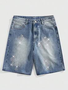 ROMWE MEN Street Life Men's Rhinestone Cross Pattern Denim Shorts - Baby Blue - View 1