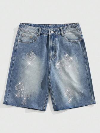 Street Life Pantalones cortos de mezclilla con patrón de cruz de rhinestone para hombres