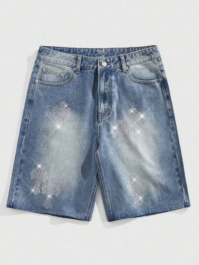Street Life Pantaloncini di jeans da uomo con motivo a croce di strass