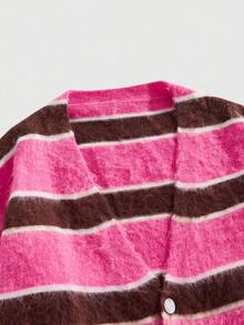 ROMWE MEN Prep Men's Striped Long Sleeve Single-Breasted Casual Loose Knit Cardigan , Fall Winter - Hot Pink - View 4