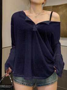 Dazy Plus Maglietta a maniche lunghe con collo ampio e orlo semi-aperto, di colore unito, adatta per primavera/estate - Blu Navy - Visualizzare 1