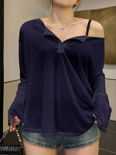 Dazy Plus 纯色加大码圆领半开下摆长袖 T 恤，春夏