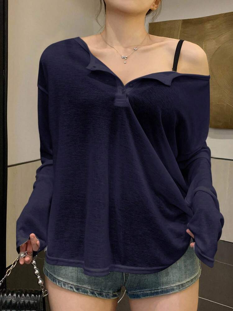 Dazy Plus Solid Color Oversized Round Neck Half Open Hem Long Sleeve T-Shirt, Spring/Summer