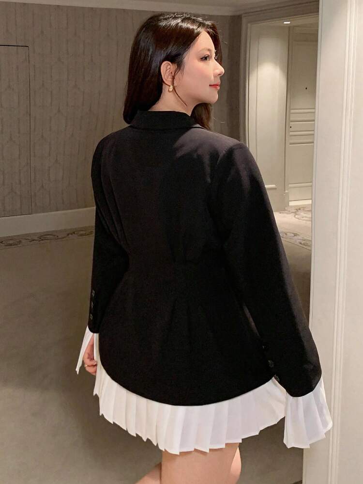 Dazy Plus Plus Size Women's Elegant Casual Black Jacket With Contrast Color Patchwork Hem, Turndown Collar And Cinched Waist, Autumn Women Coats
