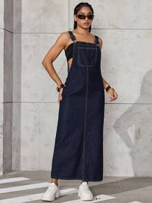 SHEIN ICON Váy denim dài không tay cho nữ, thời trang và đa năng cho mùa hè - Rửa tối - Xem 5