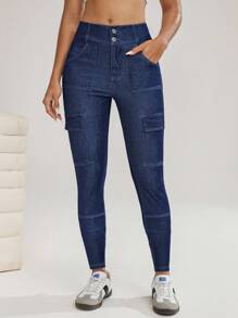 Flexra Blugi skinny casual versatili cu buzunar cargo pentru femei - Spălare întunecată - Vizualizare 3