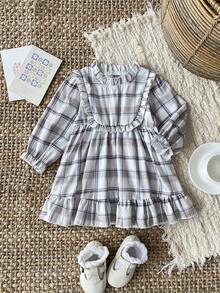 SHEIN Korean Style Plaid Print 2 In 1 Dress, Sweet Princess Baby Outfit, Spring/Autumn - Apricot - View 7
