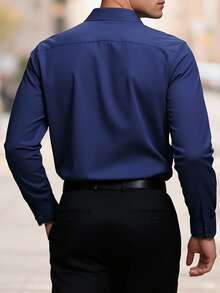 Manfinity Mode Men's Minimalist Print Long Sleeve Shirt Men Royal Blue Dress Shirt Slim Fit Dress Shirt Men Elegant Shirt, Fall - Navy Blue - View 2