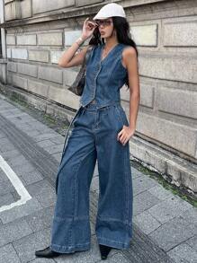 DAZY 女士休闲牛仔背心和裤子套装 - 藍色 - 查看 6