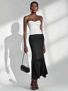 Almamuse Schwarzer gestrickter Bodycon-Rock, eleganter asymmetrischer Saum, Applikation, vielseitiger modischer Damenrock, Frühling/Herbst