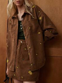Écloséra 新款女式刺绣宽松休闲纽扣衬衫夹克，春秋季 - 咖啡棕 - 查看 1