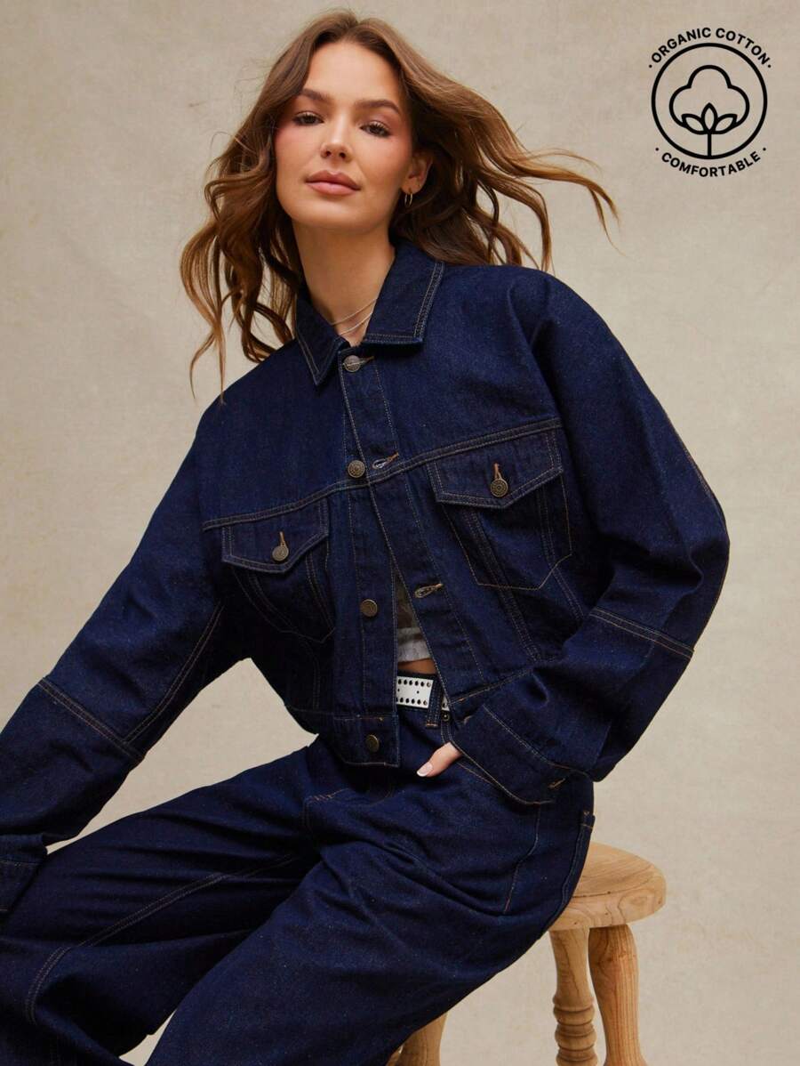 WESTFADE Collared Button Front Boxy Cropped Long Barrel Sleeve Denim Trucker Jacket Summer Country Concert - Dark Wash - View 1