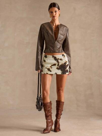 SHEIN BAE Women's Vintage-Style Leather Distressed Long-Sleeve Jacket For Fall/Winter,Washed Leather Jaket,Coats,Distressed Faux Leather,Stylish Streetwear Jacket