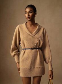 Lyxana Women's Solid Color Wrap Around Elegant Long Sleeve Sweater Dress Fall Winter Cloth For Women - Khaki - View 4