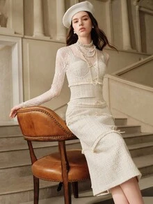 SHEIN Unity 女士优雅浪漫拼布流苏蝴蝶结装饰吊带背心和裙子两件套 - 杏色 - 查看 1